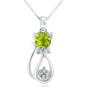 1 Carat Peridot and Diamond Cat Necklace In 10K White Gold, 18 Inches