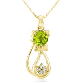 1 Carat Peridot and Diamond Cat Necklace In 10K Yellow Gold, 18 Inches