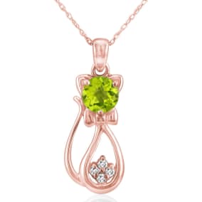 1 Carat Peridot and Diamond Cat Necklace In 10K Rose Gold, 18 Inches