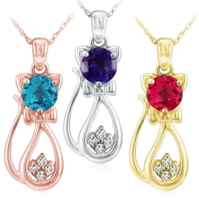 Gemstone  and Diamond Cat Pendant available in 10k White Gold, Yellow Gold and Rose Gold