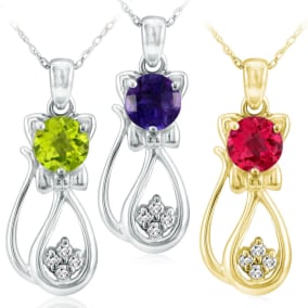 Gemstone and Diamond Cat Pendant Available in 10k White Gold and Yellow Gold