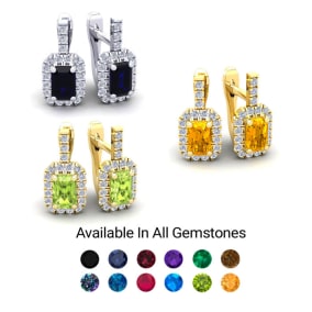 2 Carat Gemstone and Halo Diamond Dangle Earrings In 14 Karat White Gold and Yellow Gold