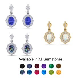 1 3/4 Carat Oval Shape Gemstone Earrings and Diamond Halo Dangles In 14 Karat White Gold and Yellow Gold