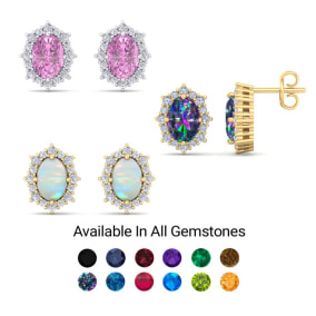 Gemstone Earrings 2 Carat Oval Shape Gemstone and Diamond Earrings In 14K White Gold and Yellow Gold
