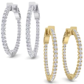 1 Carat Natural Diamond Hoop Earrings In 14 Karat White Gold and Yellow Gold, 3/4 Inch
