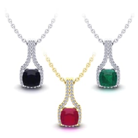 1 Carat Cushion Cut Gemstone and Classic Halo Diamond Necklace In 14 Karat White Gold and Yellow Gold, 18 Inches