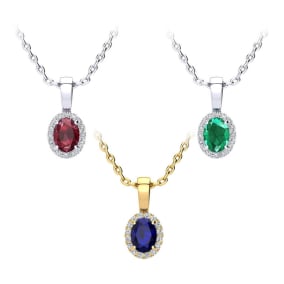 0.67 Carat Oval Shape Gemstone and Halo Diamond Necklace In 14 Karat White Gold and Yellow Gold With 18 Inch Chain