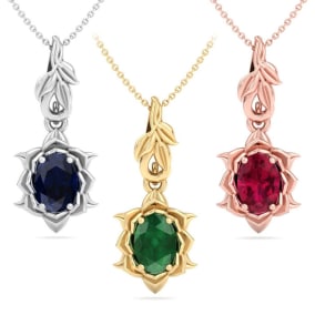 Gemstone Necklaces 1 Carat Oval Shape Gemstone Ornate Necklaces In 14K White Gold, Yellow Gold and Rose Gold