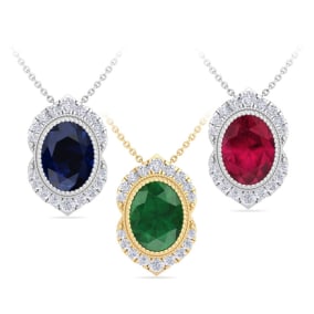 1 3/4 Carat Oval Shape Gemstone and Diamond Necklaces In 14K White Gold and Yellow Gold