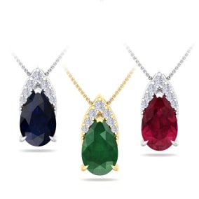 7/8 Carat Pear Shape Gemstone and Diamond Necklaces In 14 Karat White Gold and Yellow Gold, 18 Inches