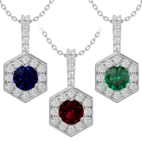 1/2 Carat Gemstone and Halo Diamond Necklaces In 14 Karat White Gold, 18 Inches
