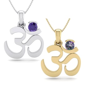 1/3 Carat Gemstone Om Necklaces In 14 Karat White Gold and Yellow Gold, 18 Inches