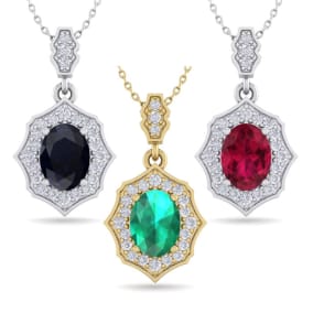 1 3/4 Carat Oval Shape Gemstone and Diamond Necklaces In 14 Karat White Gold and Yellow Gold, 18 Inches