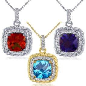 Garnet Necklace: Garnet Jewelry: Rope Design Garnet and Diamond Pendant in 14k White Gold