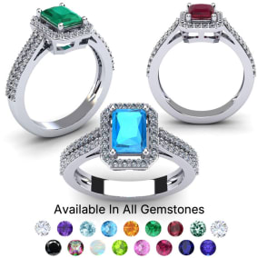 1 1/2 Carat Octagon Shape Gemstone and Halo Diamond Rings In Sterling Silver