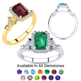1 1/2 Carat Gemstone and Halo Diamond Vintage Rings In 14 Karat White Gold and Yellow Gold