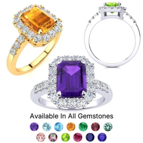 2 3/4 Carat Gemstone and Halo Diamond Rings In 14 Karat White Gold and Yellow Gold