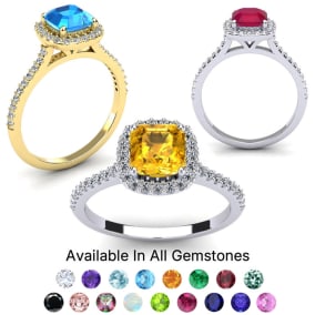 1 1/2 Carat Cushion Cut Gemstone and Halo Diamond Ring In 14K White Gold and Yellow Gold