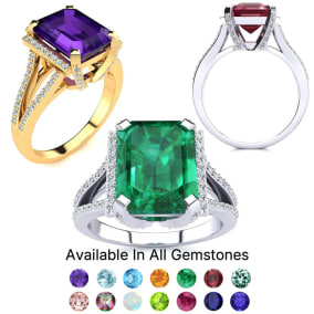 4 Carat Gemstone and Halo Diamond Rings In 14 Karat White Gold and Yellow Gold