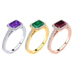 1 1/2 Carat Gemstone and Halo Diamond Rings In 14 Karat White Gold and Yellow Gold