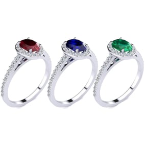 Sapphire Ring: 1 Carat Oval Shape Created Sapphire and Halo Diamond Ring In Sterling Silver
