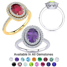 2 Carat Oval Shape Gemstone and Double Halo Diamond Ring In 14 Karat White Gold and Yellow Gold