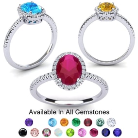1 1/2 Carat Oval Shape Created Gemstone and Halo Diamond Rings In Sterling Silver