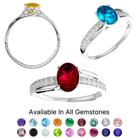 1 1/2 Carat Oval Shape Gemstone and Diamond Rings In Sterling Silver