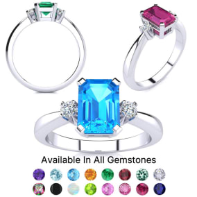 2 1/2 Carat Octagon Shape Gemstone and Diamond Ring In Sterling Silver