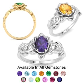 1 Carat Oval Shape Gemstone Ornate Rings In 14 Karat White Gold and Yellow Gold