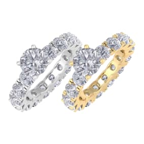 5 1/4 Carat Lab Grown Diamond Eternity Engagement Ring With 1 1/2 Carat Round Brilliant Center Ring, 4-9.5 Ring Sizes Available In 14K White Gold, and Yellow Gold