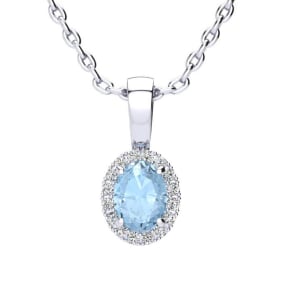 1/2 Carat Oval Shape Blue Topaz and Halo Diamond Necklace In Sterling Silver With 18 Inch Chain