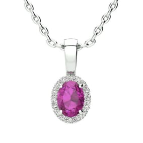 1/2 Carat Oval Shape Pink Sapphire and Halo Diamond Necklace In Sterling Silver With 18 Inch Chain