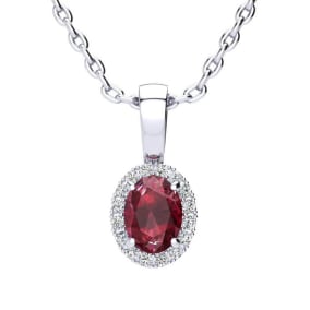 1/2 Carat Oval Shape Ruby and Halo Diamond Necklace In Sterling Silver With 18 Inch Chain