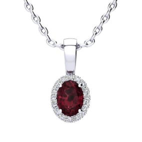 1/2 Carat Oval Shape Garnet and Halo Diamond Necklace In Sterling Silver With 18 Inch Chain