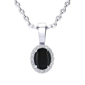 1/2 Carat Oval Shape Black Onyx and Halo Diamond Necklace In Sterling Silver With 18 Inch Chain