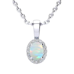 1/2 Carat Oval Shape Opal and Halo Diamond Necklace In  Sterling Silver With 18 Inch Chain