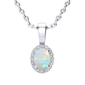 1/2 Carat Oval Shape Opal and Halo Diamond Necklace In Sterling Silver With 18 Inch Chain