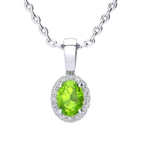 1/2 Carat Oval Shape Peridot and Halo Diamond Necklace In Sterling Silver With 18 Inch Chain