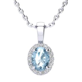 1 Carat Oval Shape Aquamarine and Halo Diamond Necklace In Sterling Silver With 18 Inch Chain