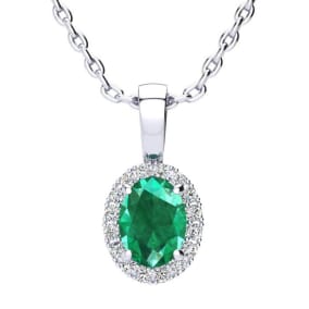 1 Carat Oval Shape Emerald and Halo Diamond Necklace In Sterling Silver With 18 Inch Chain