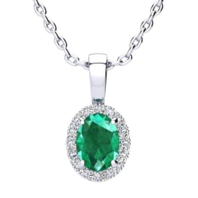 1 Carat Oval Shape Emerald and Halo Diamond Necklace In Sterling Silver With 18 Inch Chain