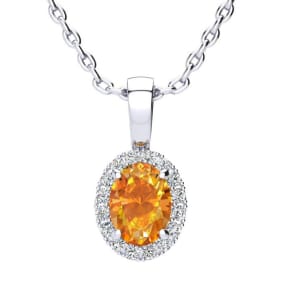 1 Carat Oval Shape Citrine and Halo Diamond Necklace In Sterling Silver With 18 Inch Chain