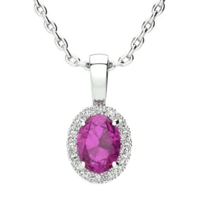 1 Carat Oval Shape Pink Sapphire and Halo Diamond Necklace In Sterling Silver With 18 Inch Chain