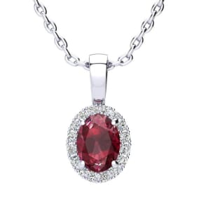 1 Carat Oval Shape Ruby and Halo Diamond Necklace In Sterling Silver With 18 Inch Chain
