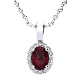 1 Carat Oval Shape Garnet and Halo Diamond Necklace In Sterling Silver With 18 Inch Chain