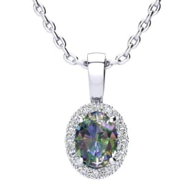 1 Carat Oval Shape Mystic Topaz and Halo Diamond Necklace In Sterling Silver With 18 Inch Chain