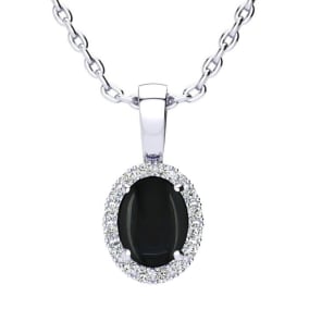 1 Carat Oval Shape Black Onyx and Halo Diamond Necklace In Sterling Silver With 18 Inch Chain