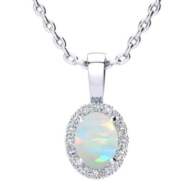 1 Carat Oval Shape Opal and Halo Diamond Necklace In  Sterling Silver With 18 Inch Chain