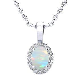1 Carat Oval Shape Opal and Halo Diamond Necklace In Sterling Silver With 18 Inch Chain